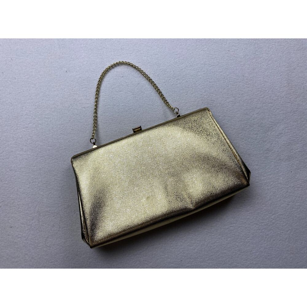 Vintage Gold Metallic Faux Leather Clutch Evening Bag Chain Strap Frame Purse